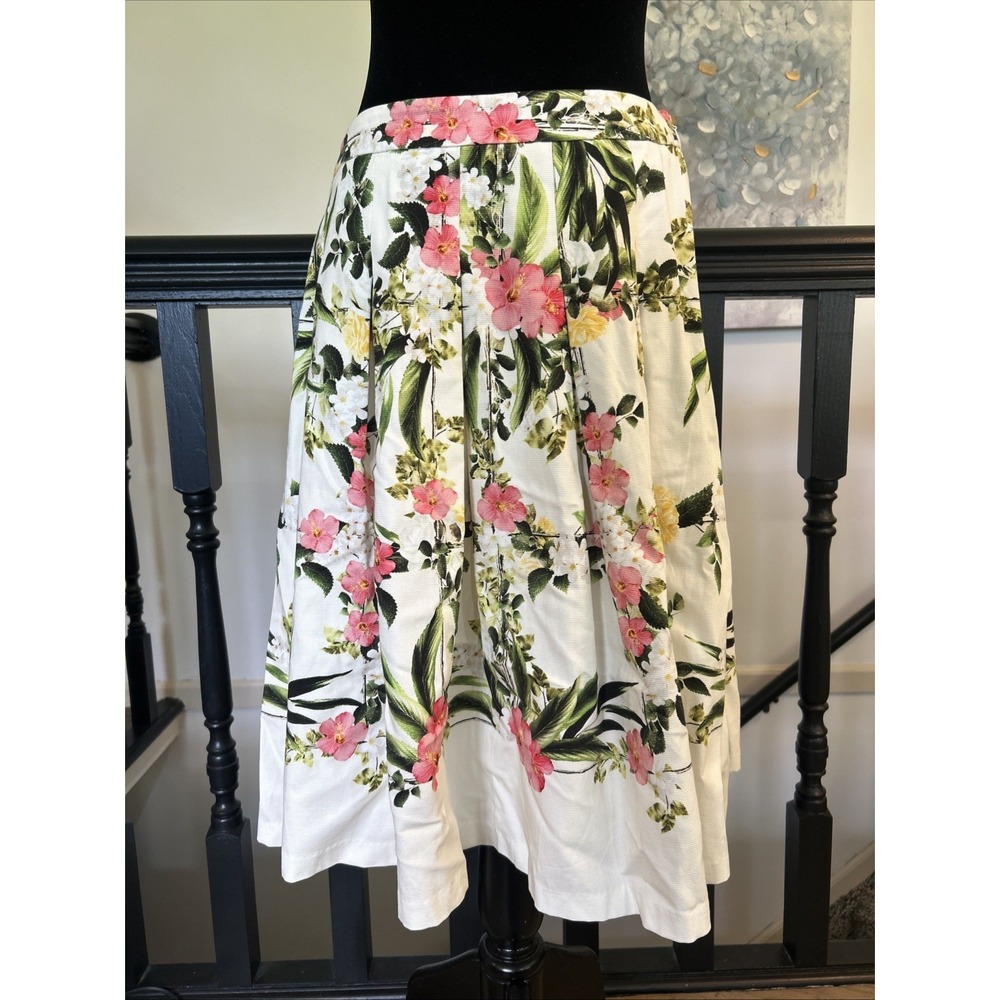 Talbots Floral Pleated A-Line Skirt White Pink Green Knee Length Size 4